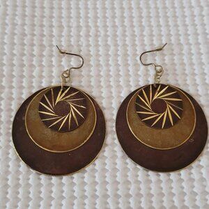 Gold Tone Boho Rustic Brown Circle Layered Swirled Discs Dangle Hook Earrings